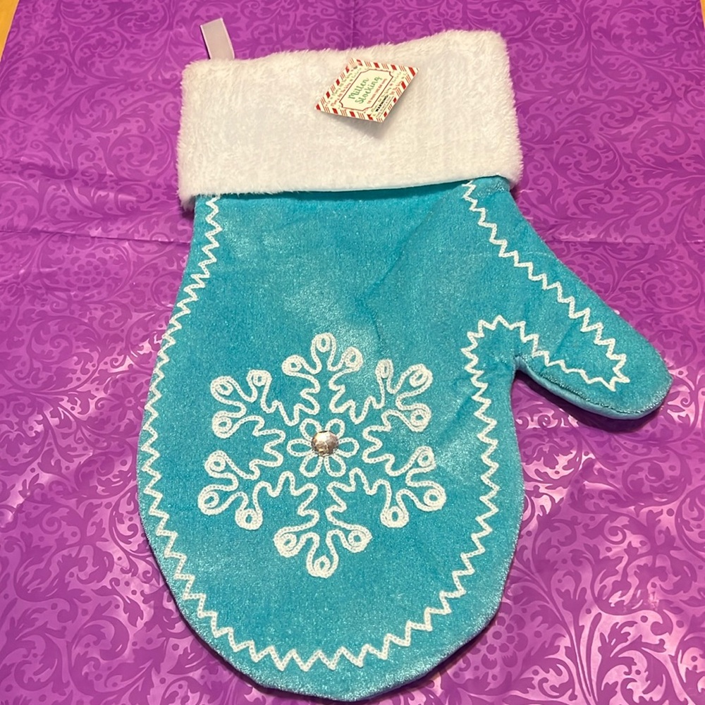 New Christmas Stocking Mitten Shape 16in Embroidered Snowflake & Trim/Gem Accent